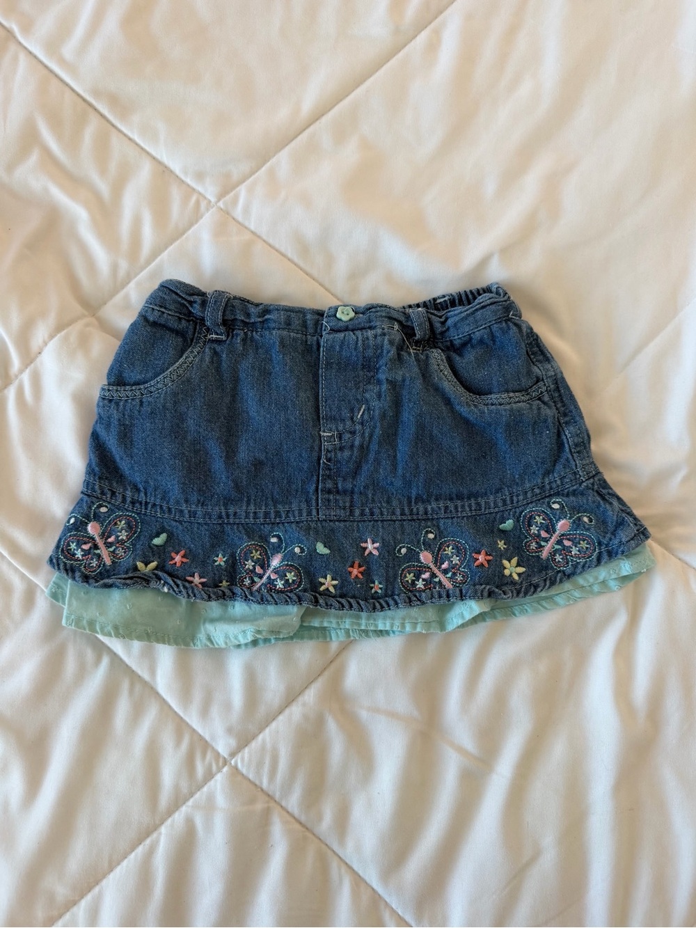 vintage 100% cotton Denim Girls Skirt with Embroidered Hearts and Mint Ruffle